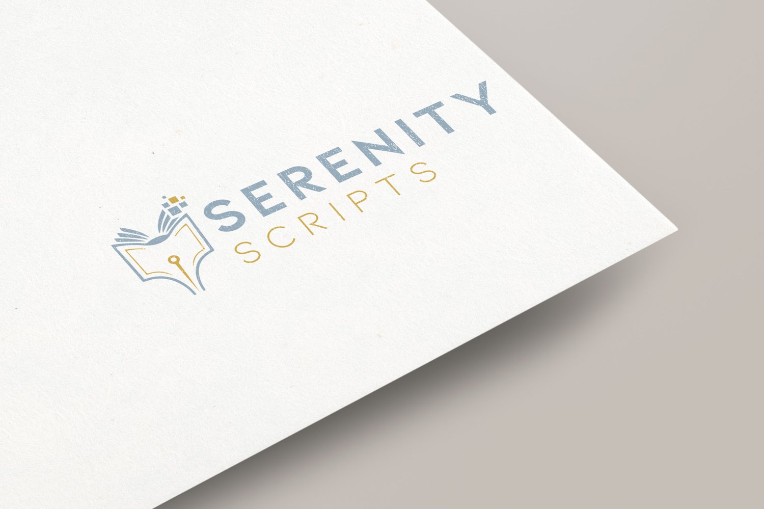 Modern minimalist Serenity Scripts logo in pale green-blue and gold. Features a book with a feather, symbolizing mindfulness, personal growth, and wellness digital products.