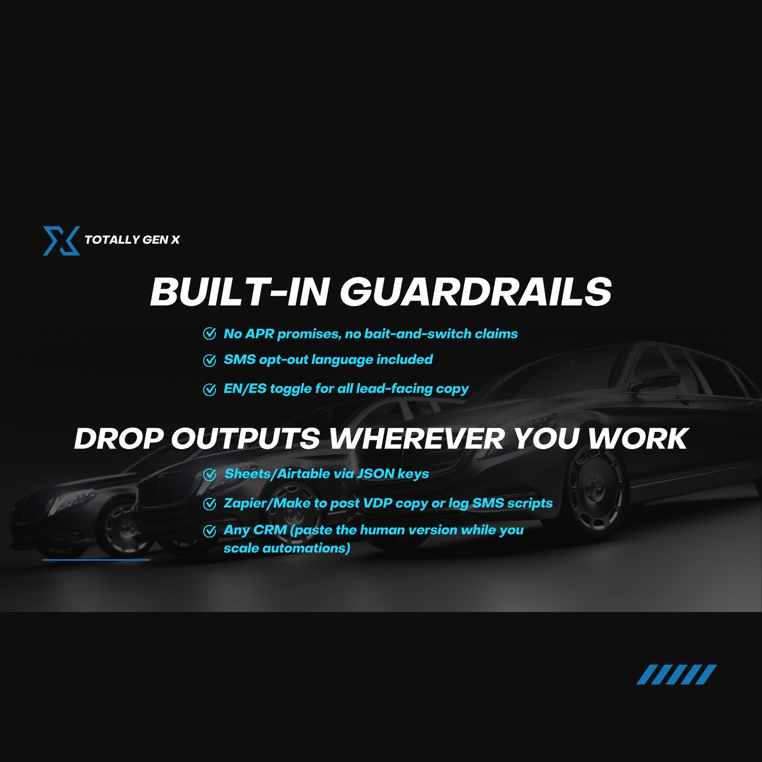 Built-in guardrails. Drop outputs wherever you work.