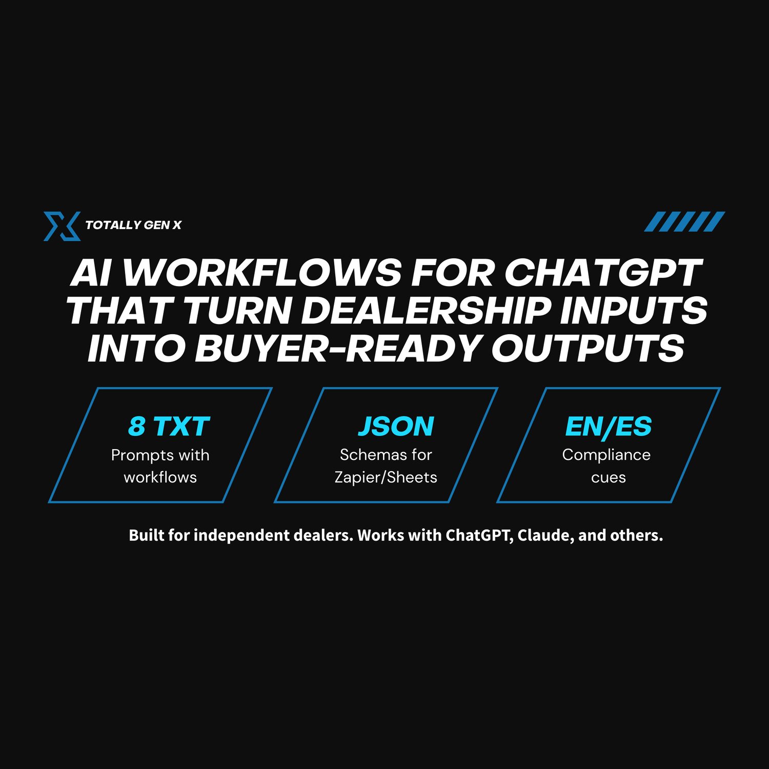 AI workflows for ChatGPT that turn dealership inputs into buyer-ready outputs.