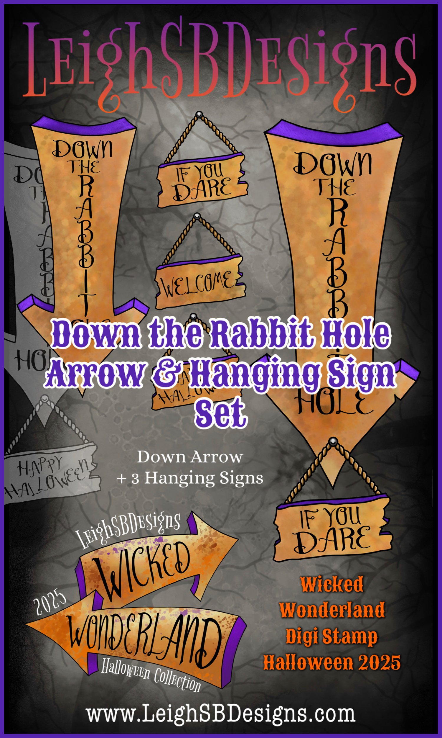 LeighSBDesigns "Down the Rabbit Hole"  Arrow and Hanging Sign set