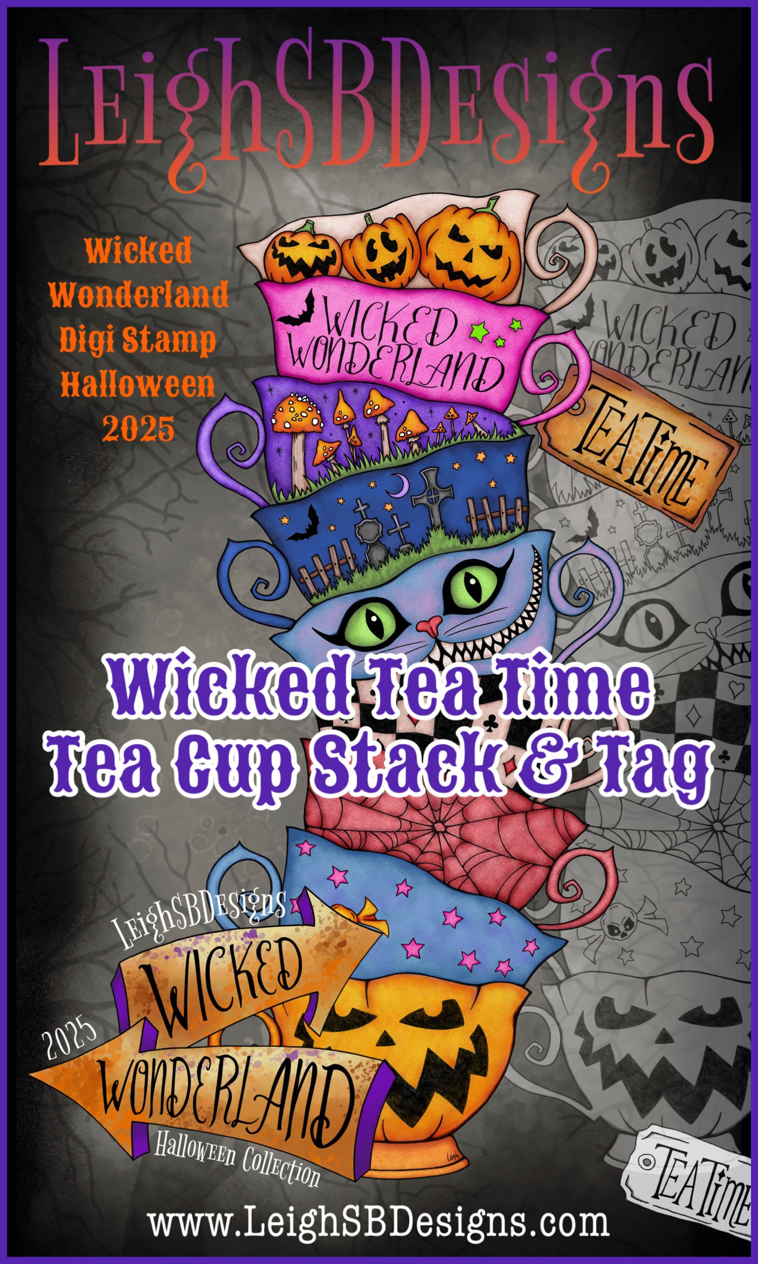 LeighSBDesigns "Wicked Tea Time" Tea Cup Stack and Tag