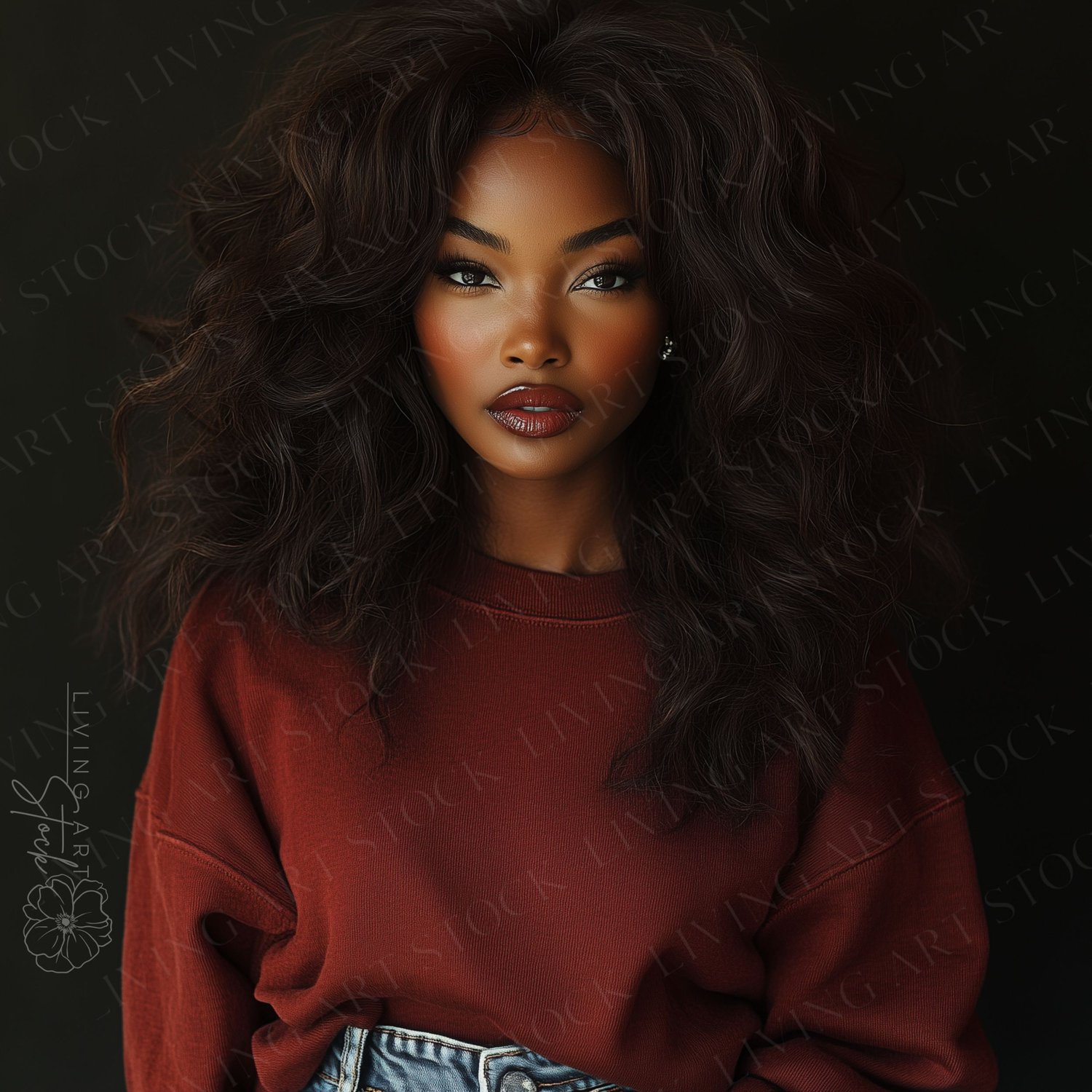 Black Woman with Big Rollerset Curls Wearing a Cappuccino Brown Oversized Crewneck Sweatshirt and Denim Jeans