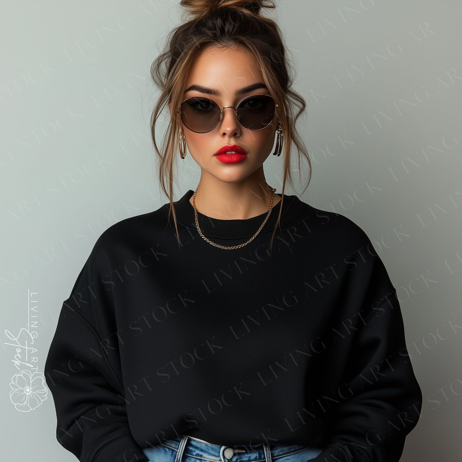 Woman Wearing a Black Crewneck Sweatshirt with Dark Sunglasses, Grey Background