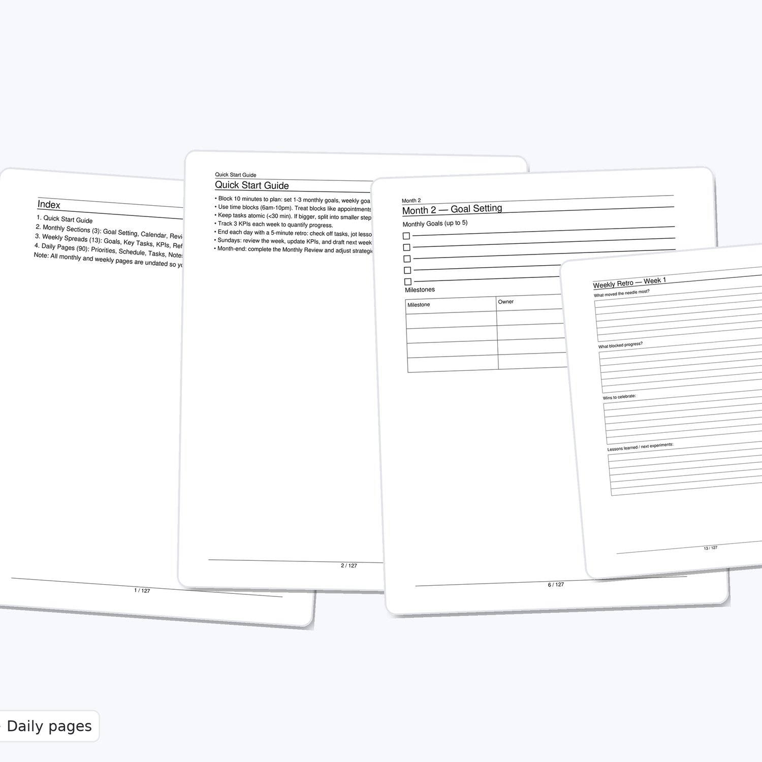 90-Day Productivity Planner Printable (Undated) • Daily Time-Blocking 6am–10pm • Weekly Goals & KPIs • Monthly Reviews • US Letter PDF
