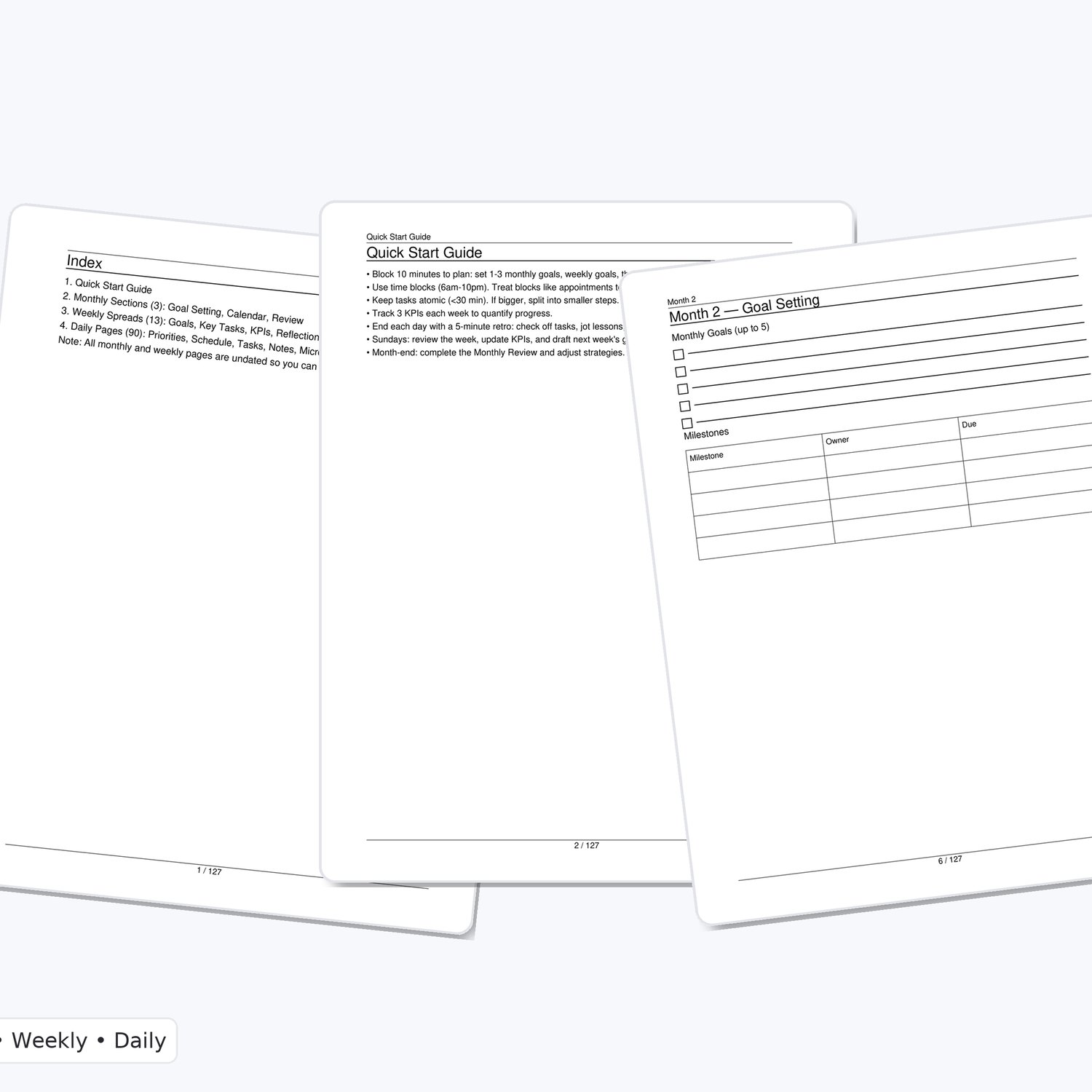 90-Day Productivity Planner Printable (Undated) • Daily Time-Blocking 6am–10pm • Weekly Goals & KPIs • Monthly Reviews • US Letter PDF