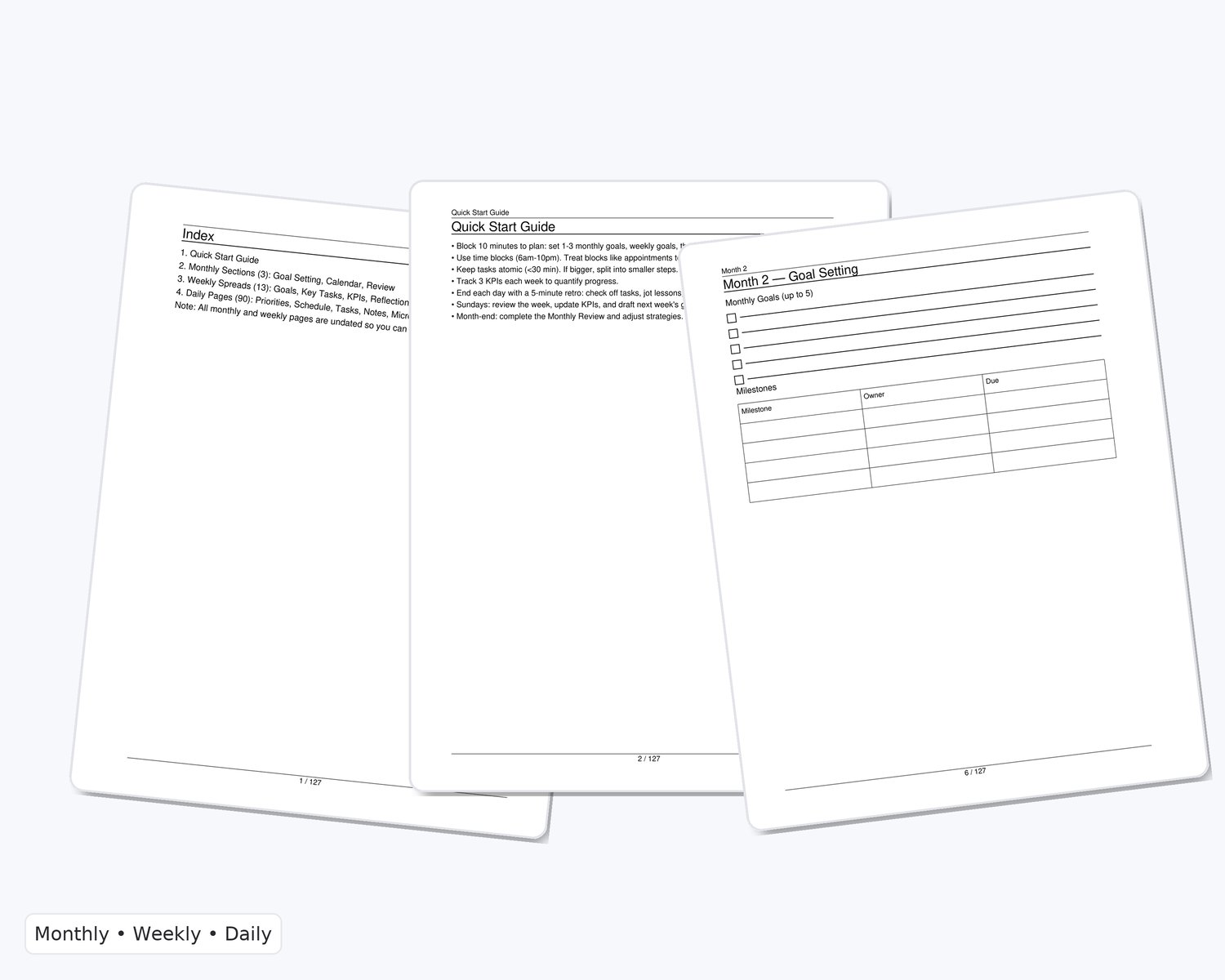90-Day Productivity Planner Printable (Undated) • Daily Time-Blocking 6am–10pm • Weekly Goals & KPIs • Monthly Reviews • US Letter PDF
