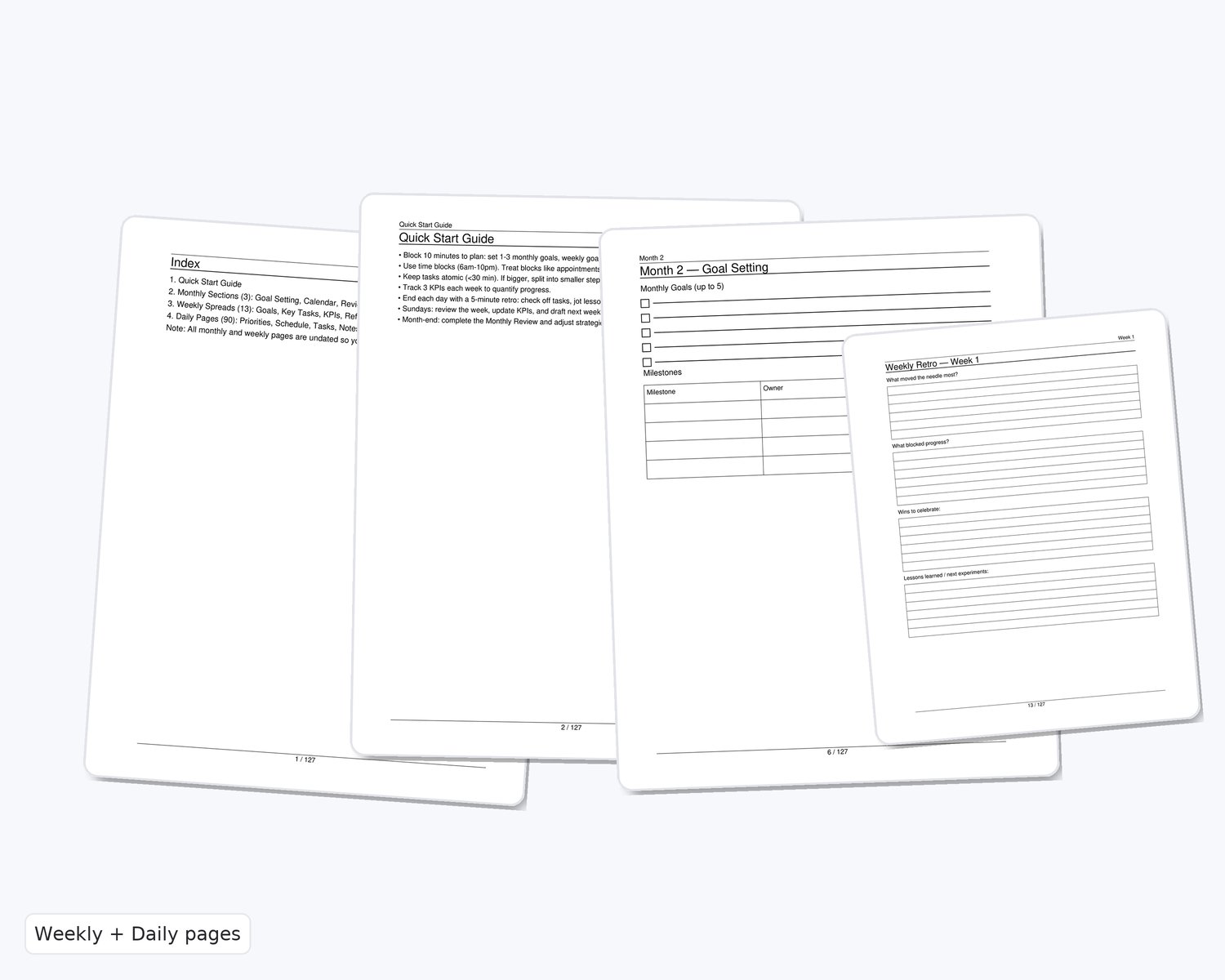 90-Day Productivity Planner Printable (Undated) • Daily Time-Blocking 6am–10pm • Weekly Goals & KPIs • Monthly Reviews • US Letter PDF