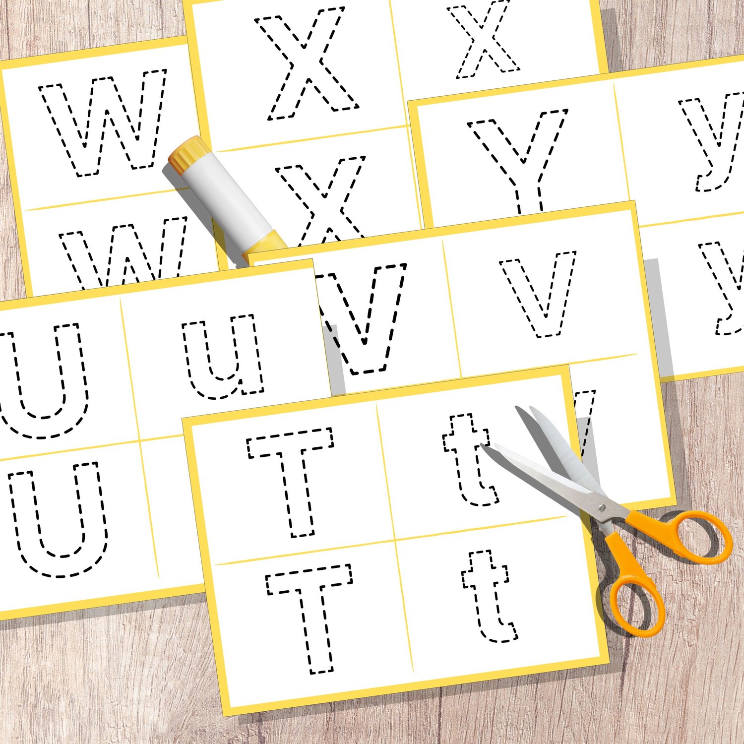 Printable alphabet worksheets U to Y cut and paste practice for preschoolers
