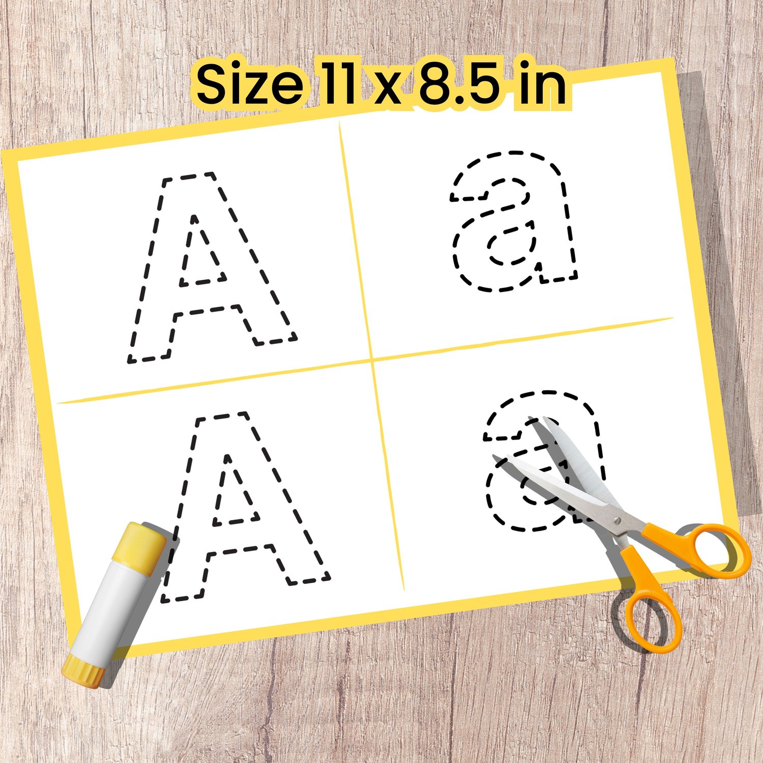 Printable alphabet worksheet letter A for scissor skills with scissors and glue