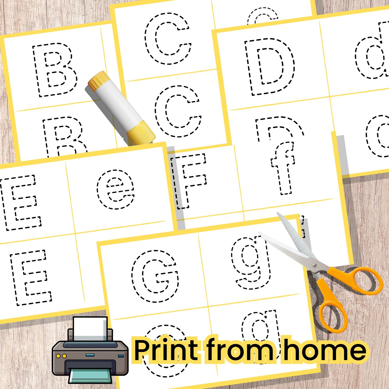 Cut and paste alphabet worksheets B to E for preschool fine motor practice
