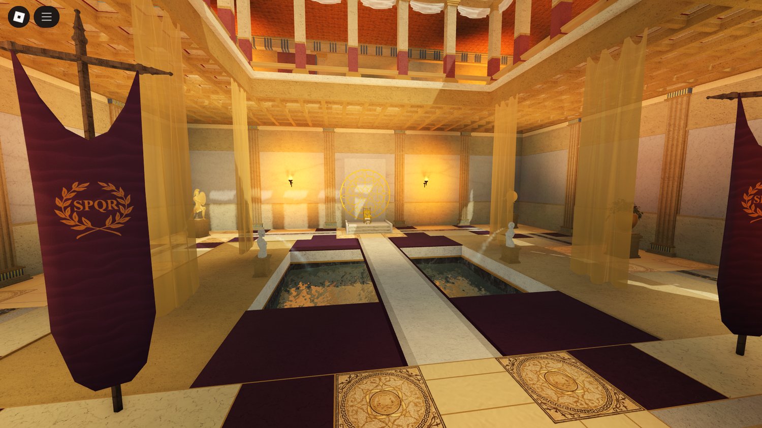 Players exploring luxury Roman buildings in Roblox