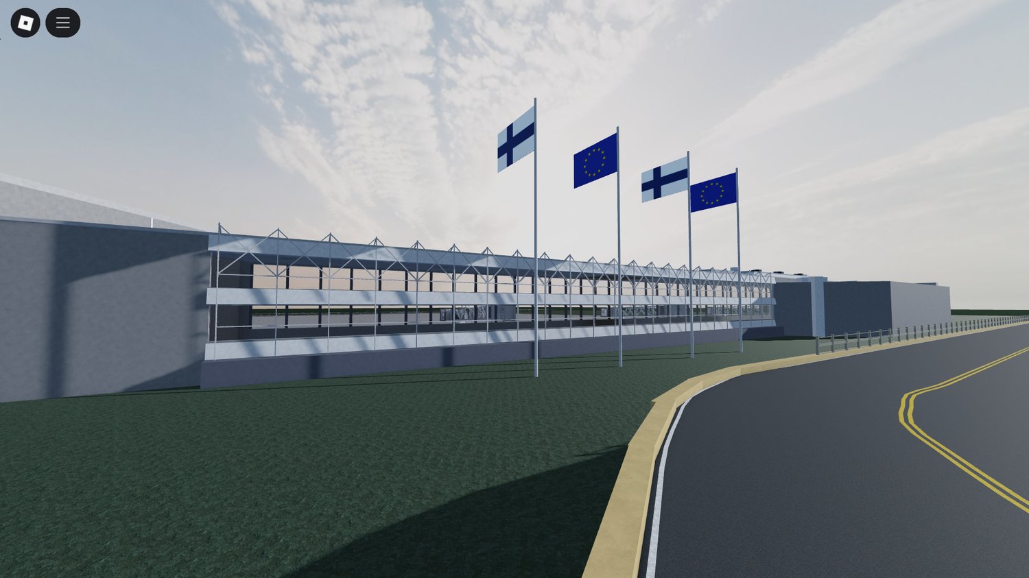 Exterior view of massive airport terminals in Roblox