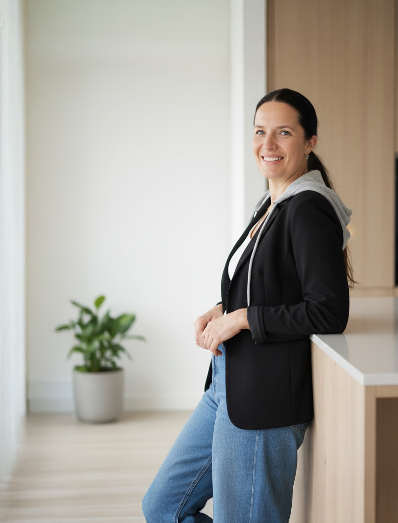 Mette standing by a counter smiling