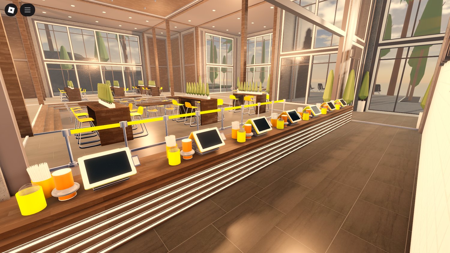 Players exploring coastal-themed café interior