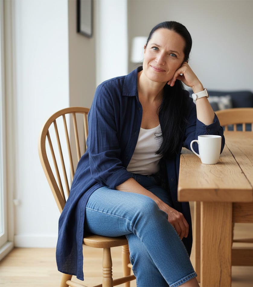Mette sitting at a dining room table with a cup of coffee waiting for a coaching client