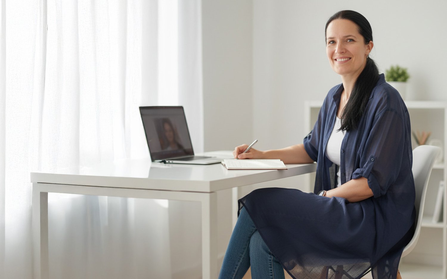 Mette sitting by her desk coaching a client on her laptop