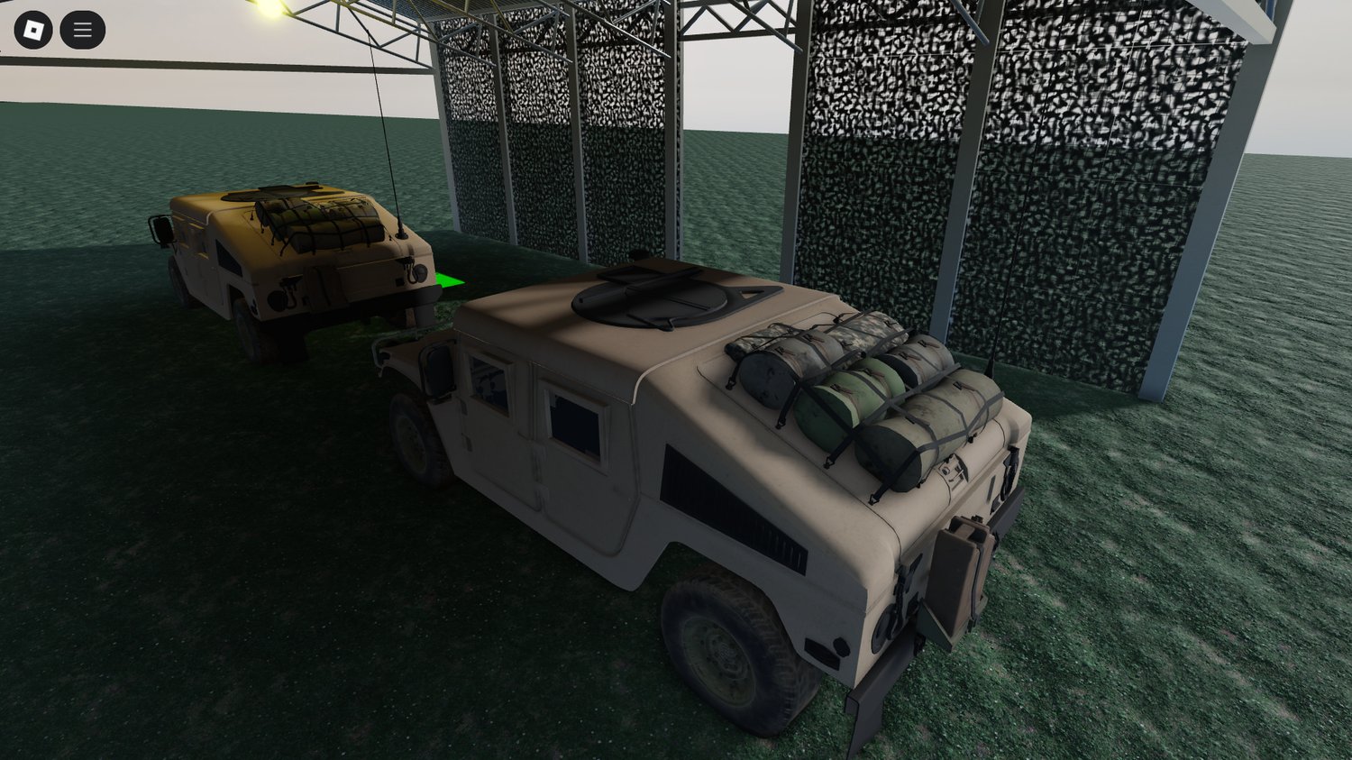 Vehicle tent storing Roblox military cars