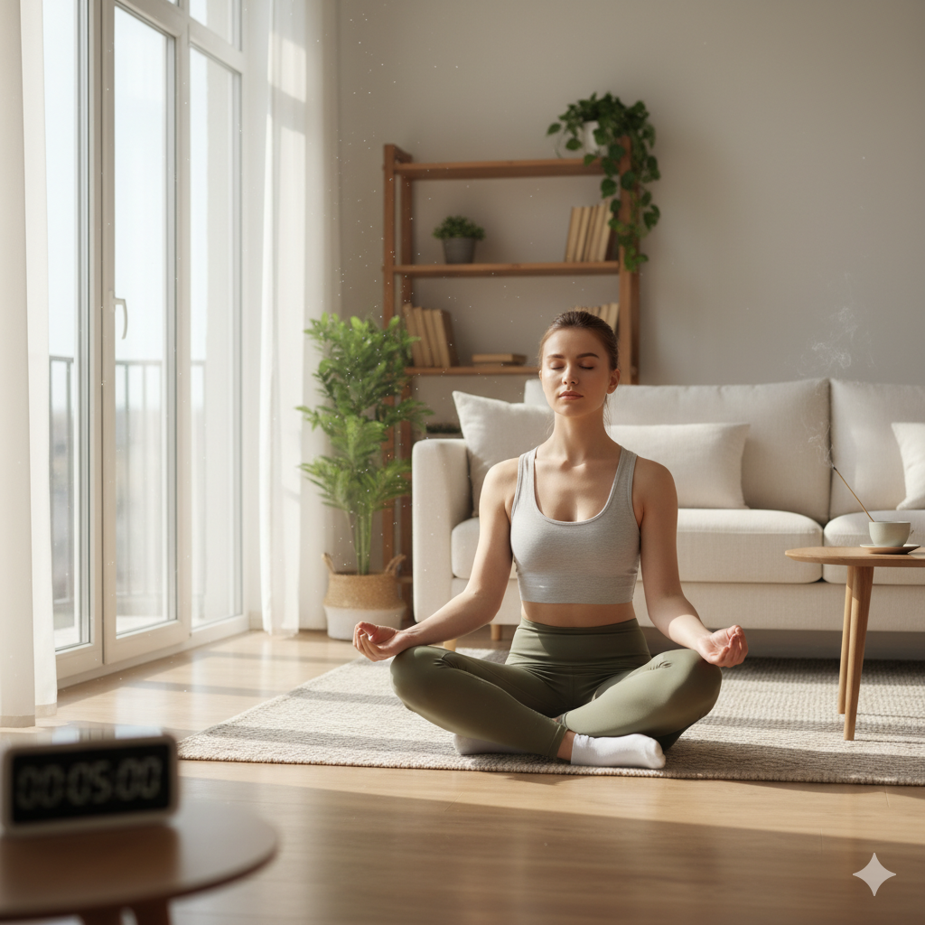 rau praktiziert eine 5-Minuten-Meditation für Ruhe und Klarheit.