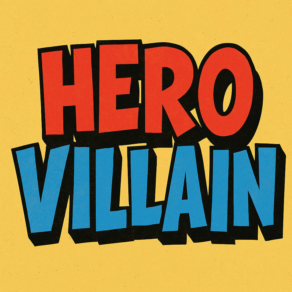 Hero Villain Cartoon Font in bold retro comic lettering with red and blue text on a textured yellow background, retro display typeface for designers and crafters.