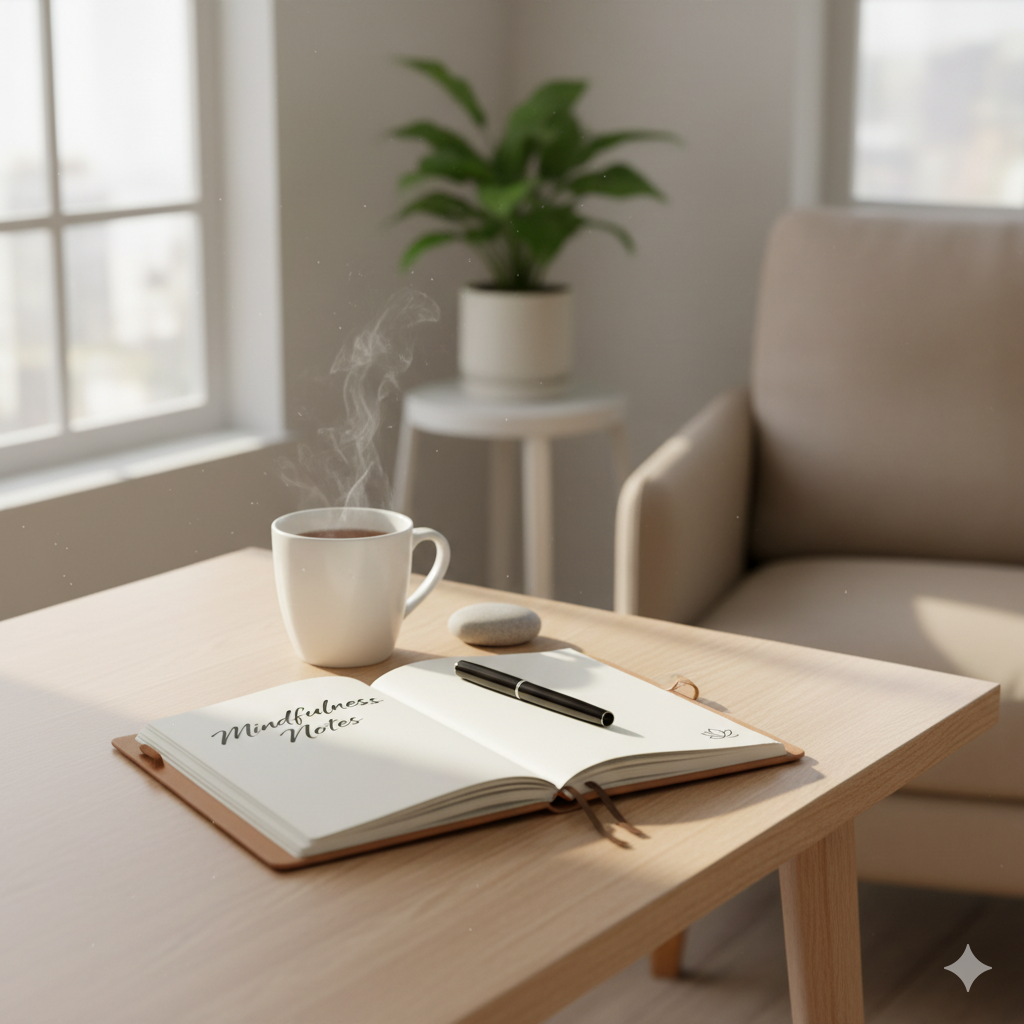 Ruhige Arbeitsecke mit Tee und Notizbuch für stressfreie Pausen.