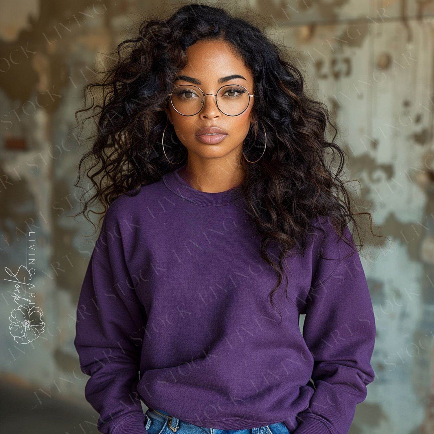 Black Woman Wearing Glasses and Purple Crewneck Sweatshirt, Rustic Background, Sweatshirt Mockups, Mockup Photos