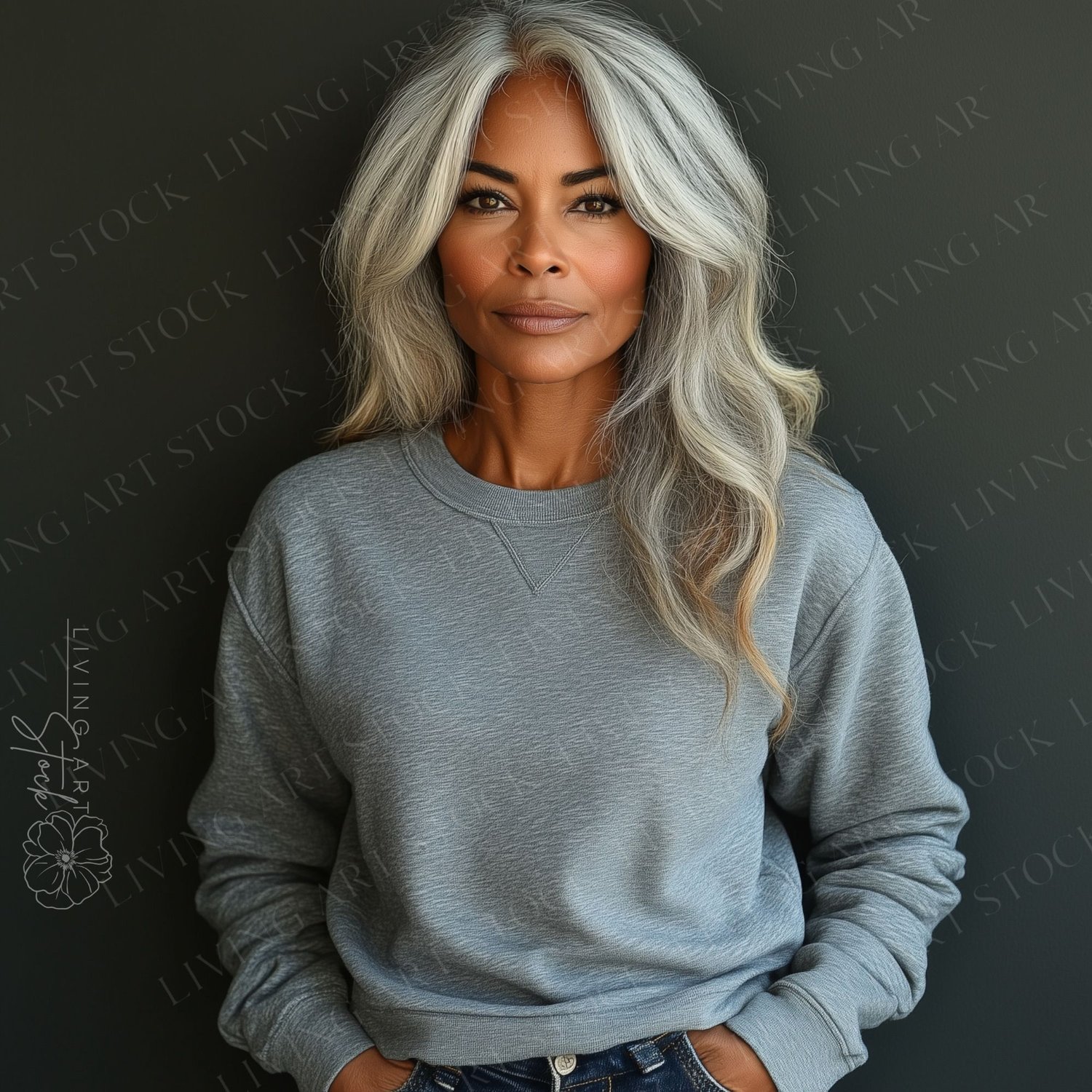 Mature Black Woman with White Hair Wearing Blank Heather Grey Crewneck Sweatshirt, Dark Grey Background