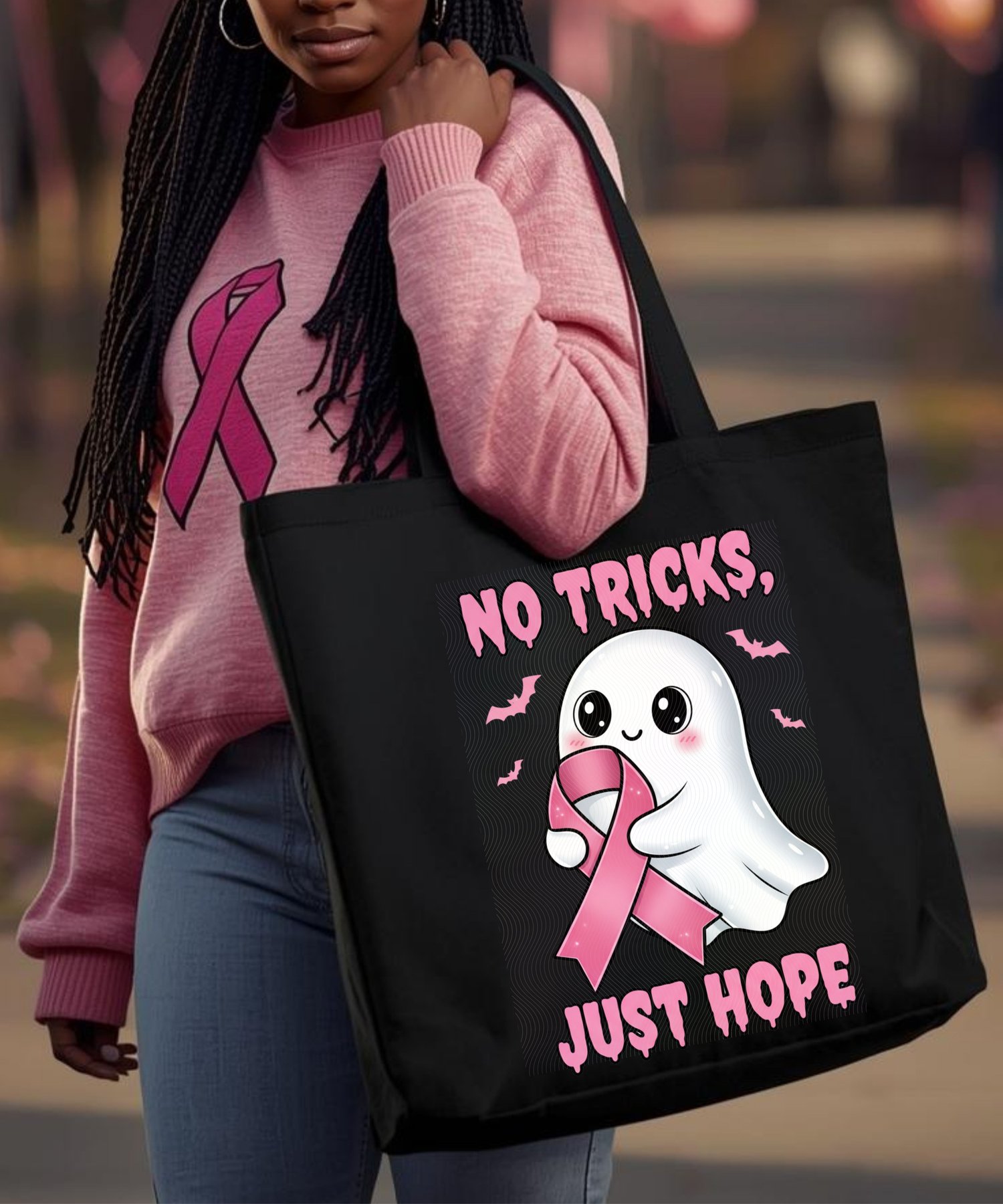 no tricks just hope, halloween breast cancer design, pink ribbon ghost, breast cancer awareness, spooky pink design, hope shirt, october awareness