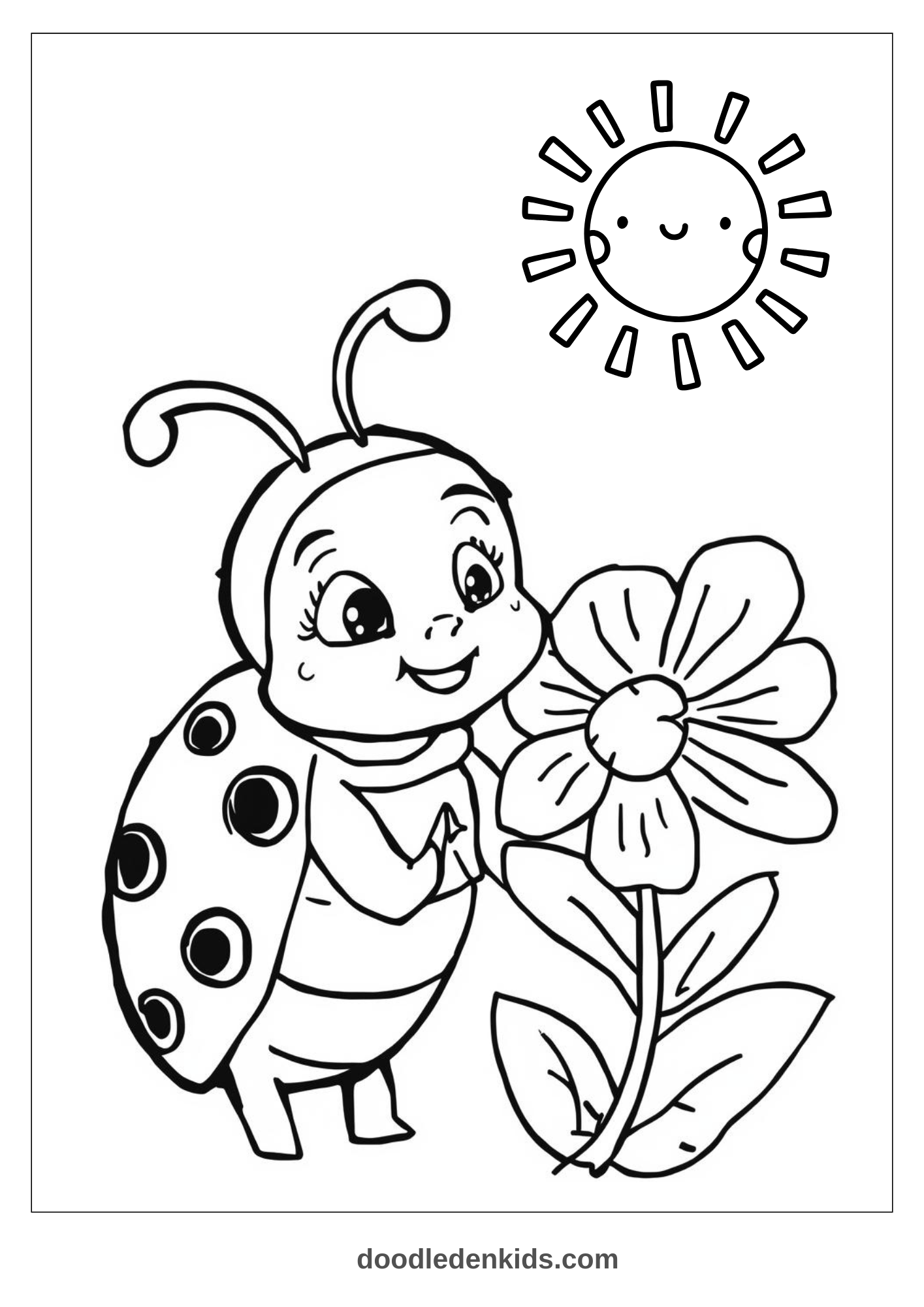 Curious ladybug coloring page – smelling a garden flower