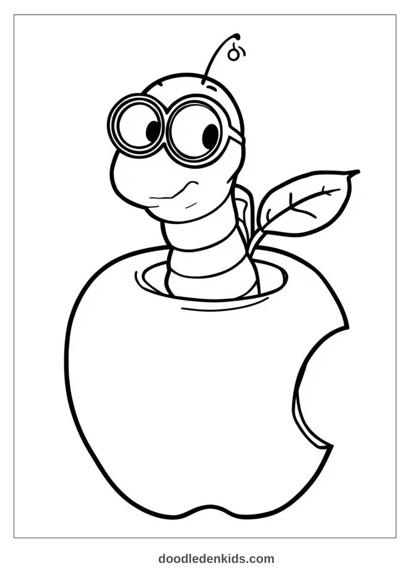 Chubby worm coloring page – insect in apple with glasses