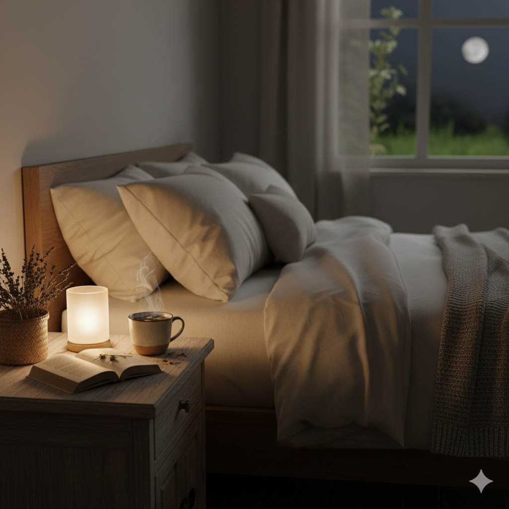 Ruhiges Schlafzimmer mit Tee und Buch – natürliche Methoden für besseren Schlaf.