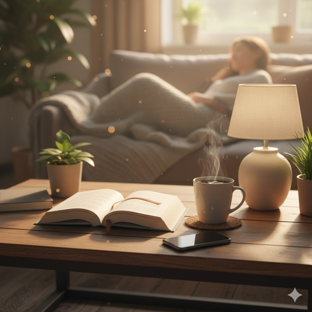 Abend mit Tee und Buch statt Smartphone – Digital Detox für innere Ruhe.