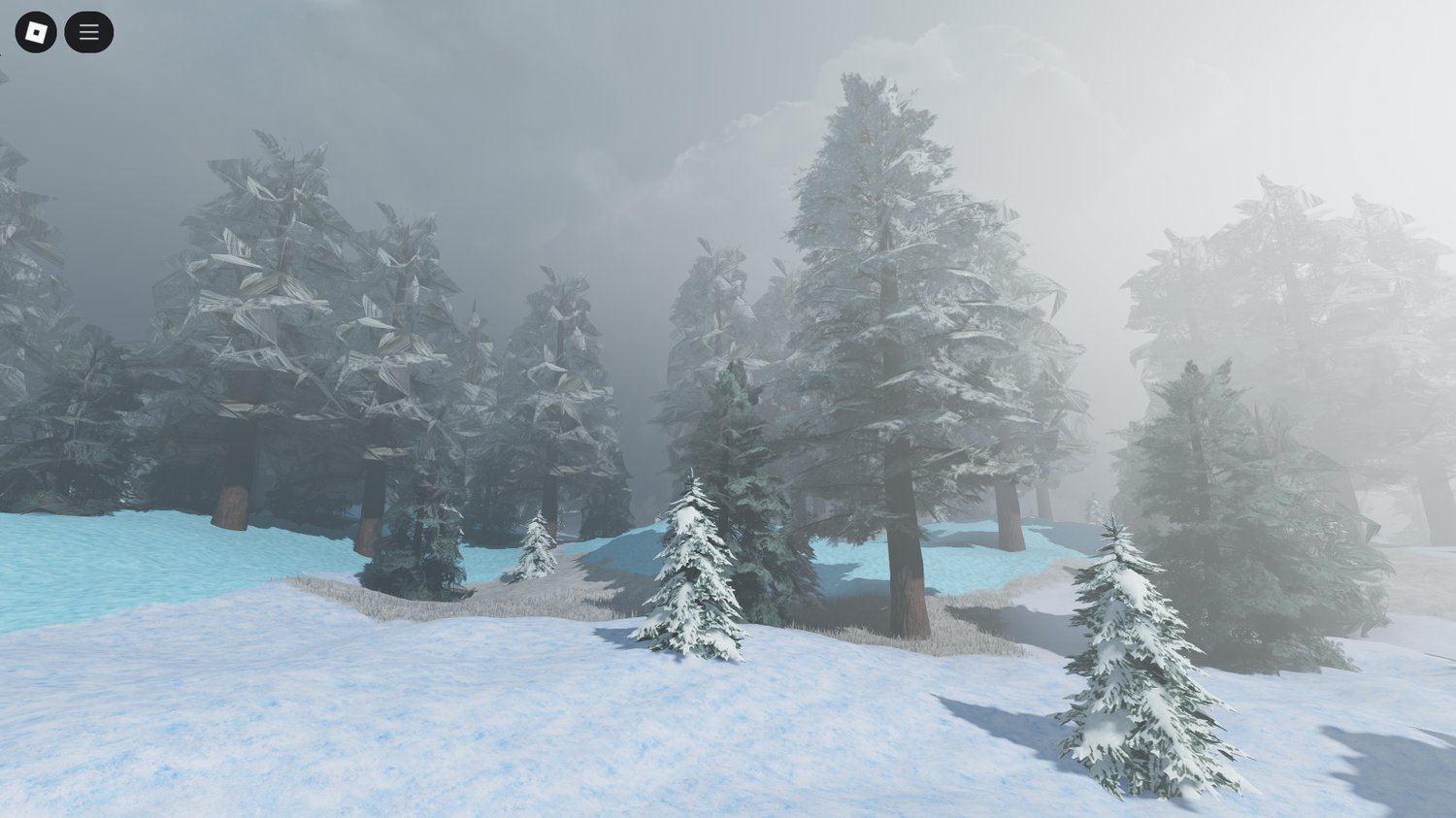 Mountainous terrain and open fields in Roblox map