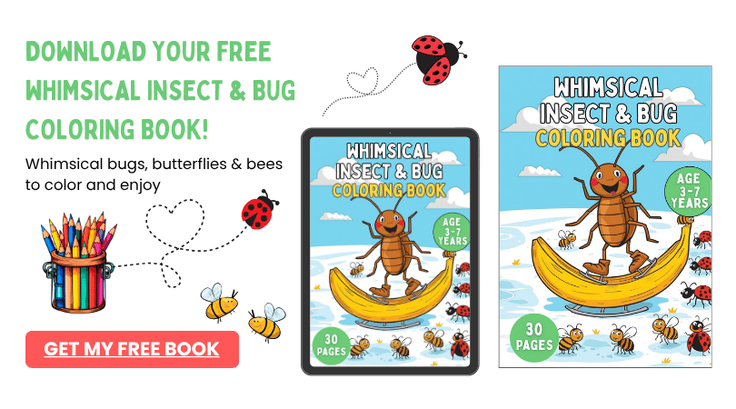 Mockup of Whimsical Insect & Bug Coloring Book on tablet with pencils – 30-page printable for kids and adults