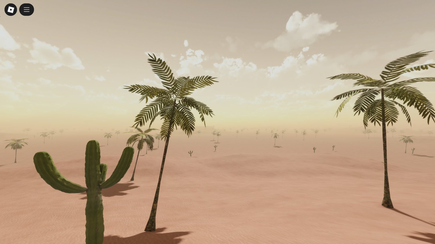 Dead trees and palm trees in Roblox desert map