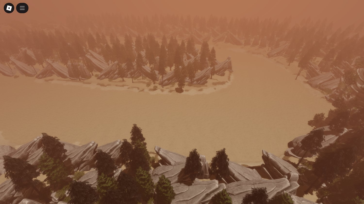 Rock formations and structures framing the terrain