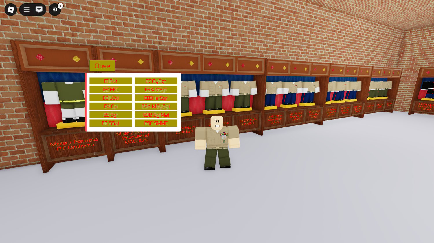 Player equipping a fully functional military uniform