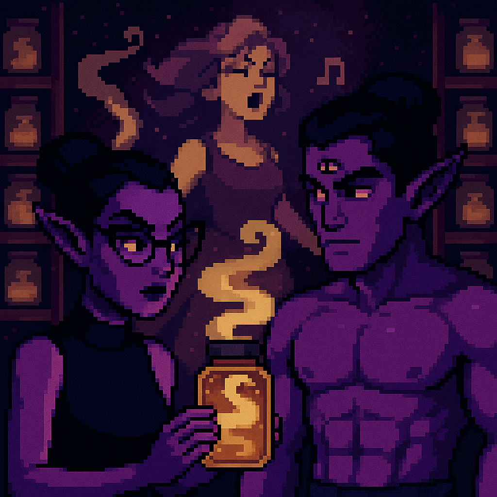 Pixel art scene inside the Library of Exhalations. Lexi, a purple-skinned alien librarian with cat-eye glasses and a black sleeveless turtleneck, holds a glowing jar emitting golden mist. Beside her stands R’thax, a muscular purple alien with a six-pack,