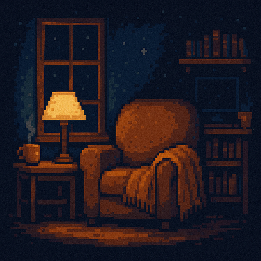 A cozy pixel art living room at night. A plush armchair draped with a warm orange-brown blanket sits beside a small wooden table holding a steaming mug and a glowing lamp. Through the window, a deep blue night sky with scattered stars contrasts the golden