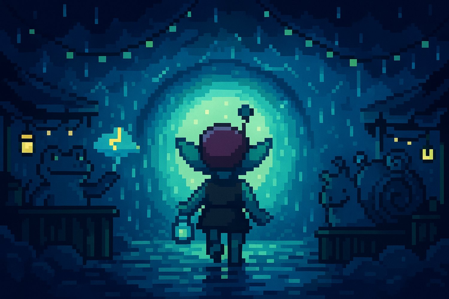 Pixel art of a goblin girl stepping through a glowing blue portal formed from an uncorked jar of rain. Behind her, the jar hovers in midair, spilling light. Beyond the portal stretches the Rain Market, filled with frogs, snails, and living raindrops under stormlit skies. The goblin looks amazed, halfway between her cozy hut and the glowing carnival above.
