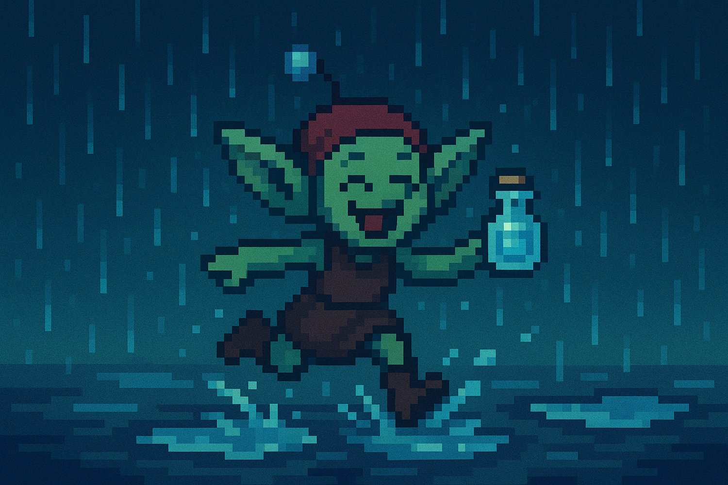 Pixel art of a cheerful goblin girl in a rainstorm, hopping from puddle to puddle while holding out a glass jar. Glowing blue raindrops fall around her, and some bounce into the jar with tiny giggles. She grins wide, hair damp, scarf flapping, enjoying th