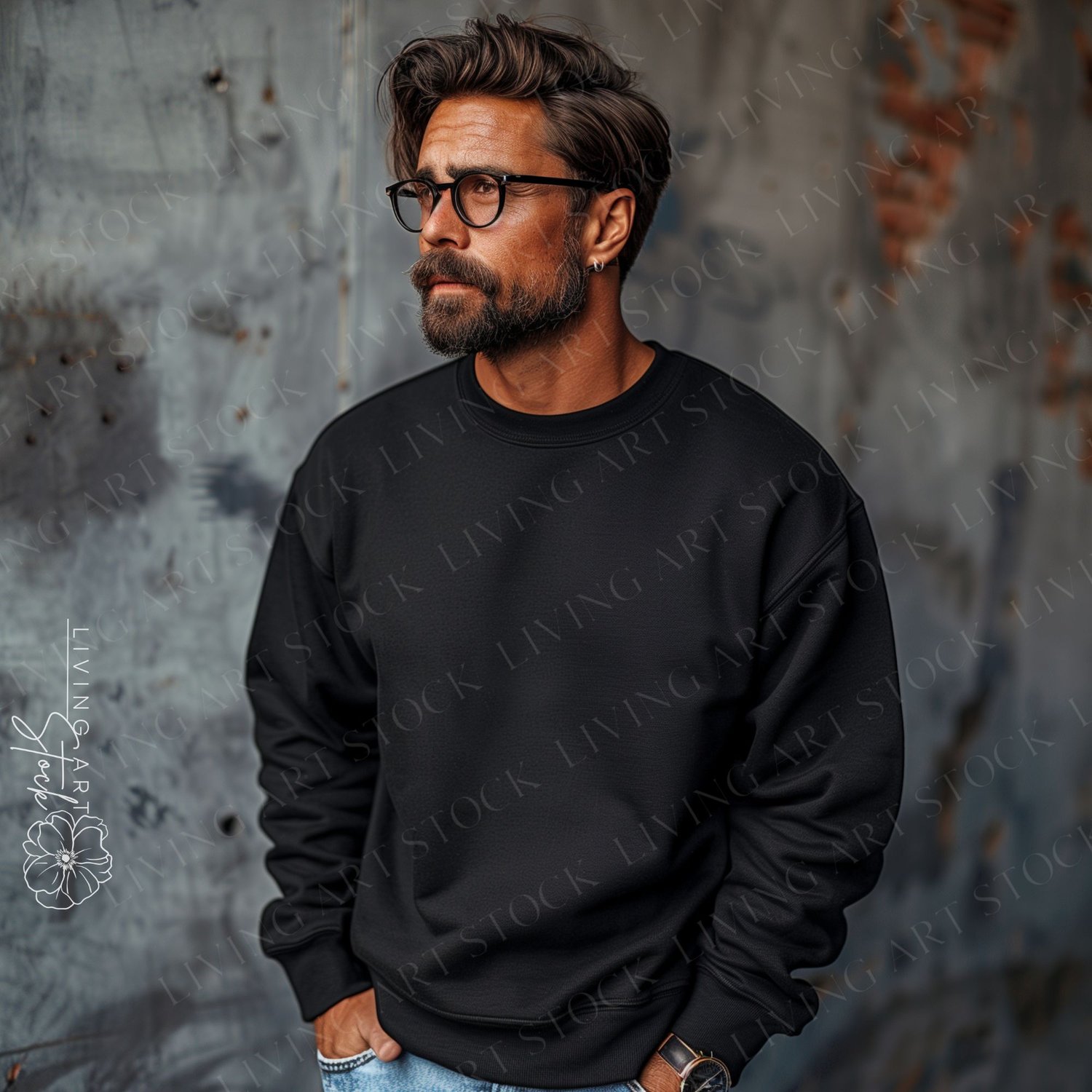 A ruggedly handsome man with a full beard, dark hair, and glasses stands against a textured, distressed metal background, modeling a plain, black crewneck sweatshirt. He is looking off to the side with a serious, thoughtful expression, his hands casually 