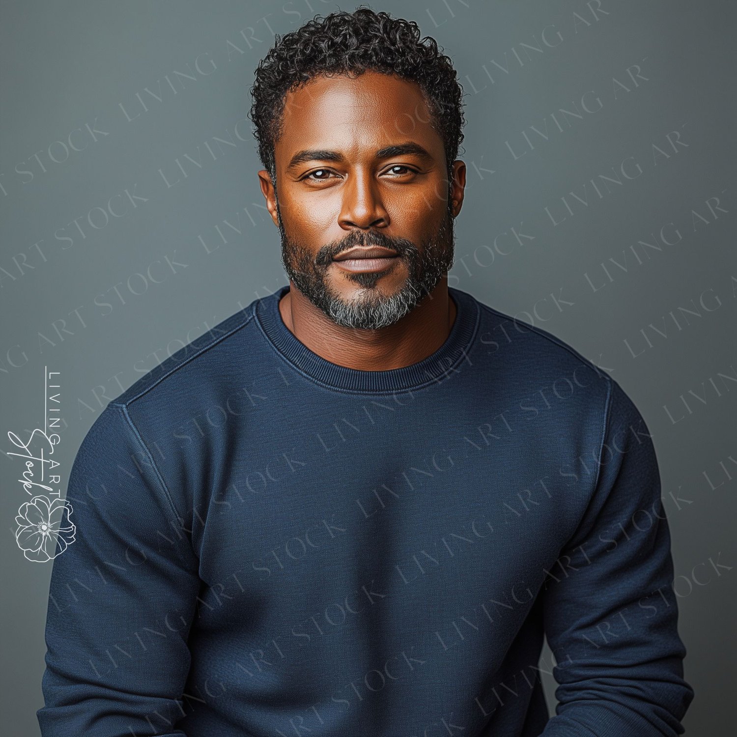 Handsome, mature black man wearting navy blue crewneck sweatshirt with a serious look against grey background