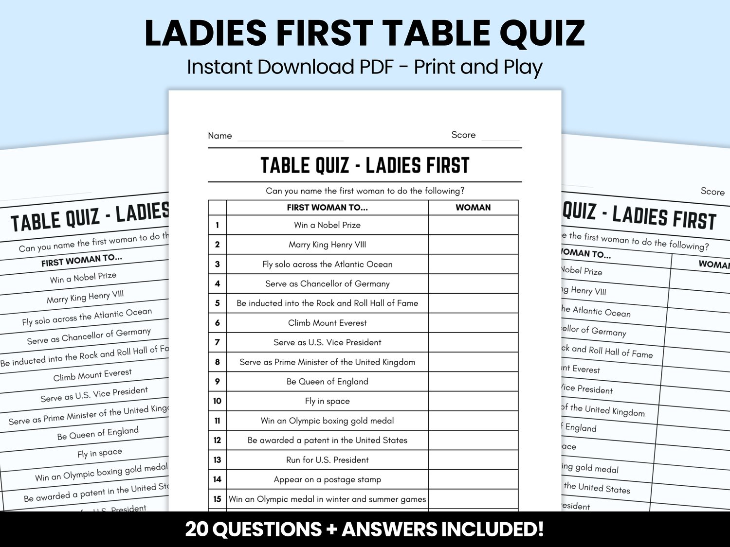 Ladies First Table Quiz With Answers – Instant Download