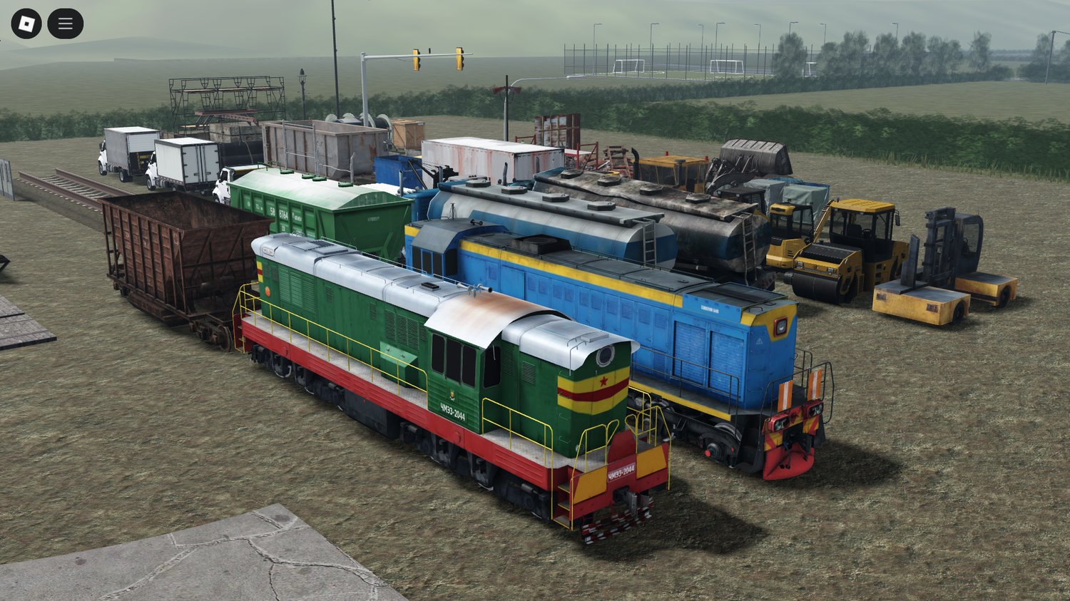 Heavy machinery lined up on a Roblox worksite