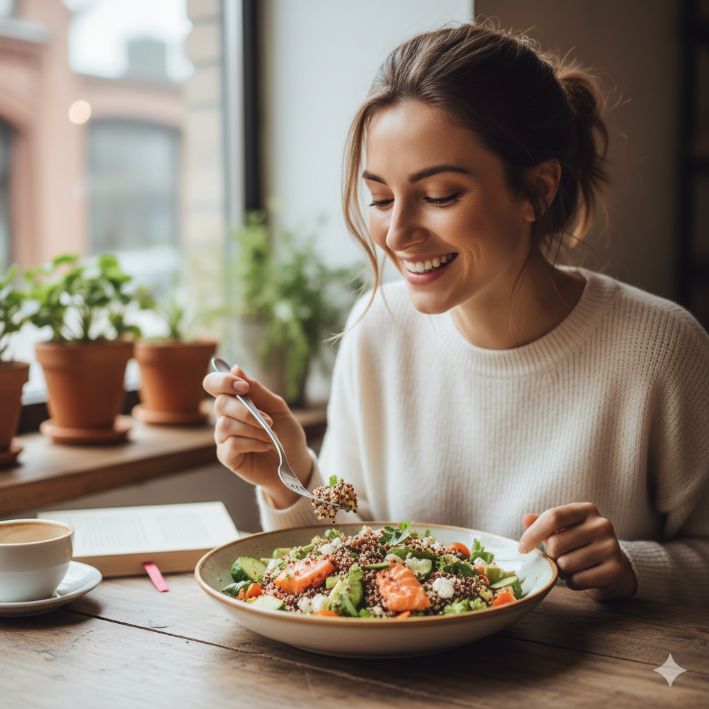 Frau isst gesunden Anti-Stress-Salat – Ernährung für mehr Ruhe.
