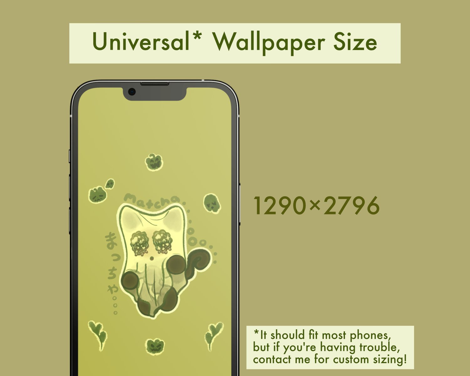 A phone with a wallpaper of a dark brown/black cat with a white bedsheet over its head, giving it the appearance of a sheet ghost. There are cartoonish, green cat pumpkins, ghosts and matcha tea leaves surrounding the cat. Decorative text in the illustrat