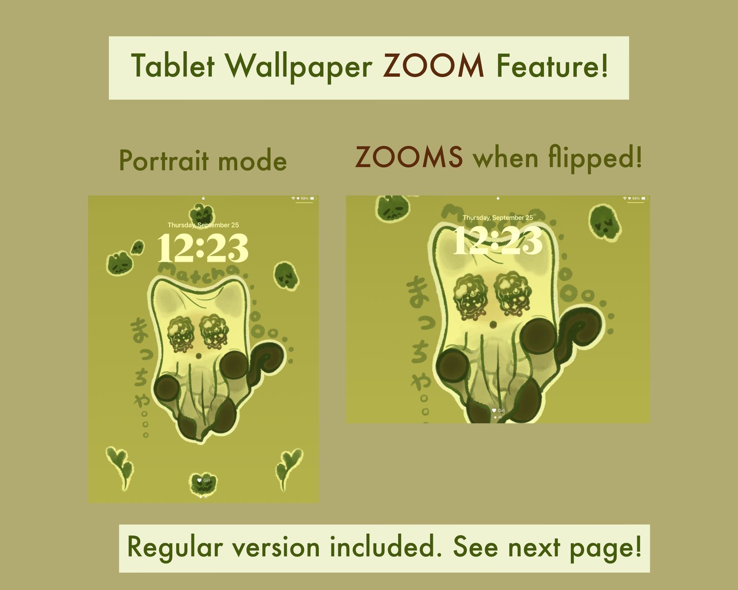 Text reads “Tablet Wallpaper ZOOM Feature!” There’s a screenshot of a tablet lock screen in portrait mode. The wallpaper background is of a dark brown/black cat with a white bedsheet over its head, giving it the appearance of a sheet ghost. There are cart