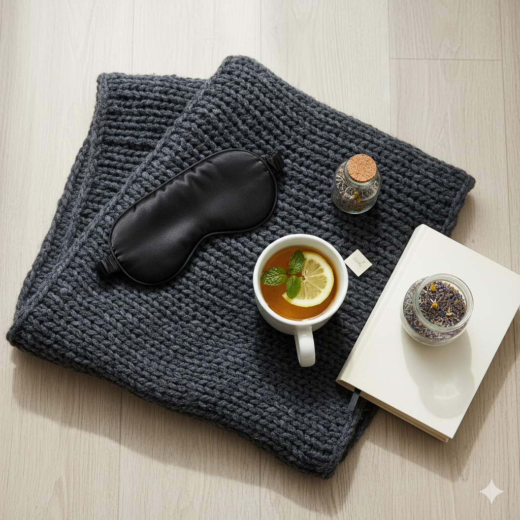 Power Napping Essentials – Ruhepause mit Maske und Tee.