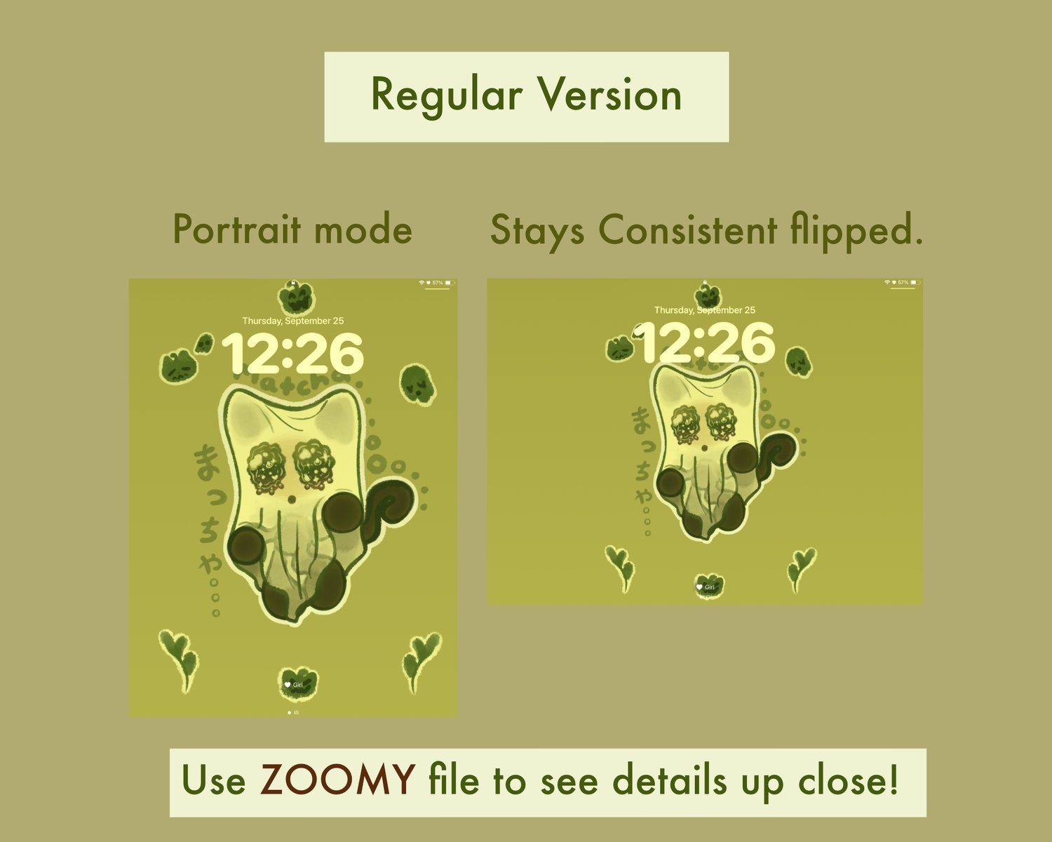 Text reads “Regular Version.” There’s a screenshot of a tablet lock screen in portrait mode. The wallpaper background is of a dark brown/black cat with a white bedsheet over its head, giving it the appearance of a sheet ghost. There are cartoonish, green 