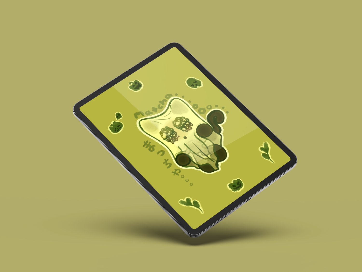 A tablet floats, tilted toward the viewer. It has a wallpaper of a dark brown/black cat with a white bedsheet over its head, giving it the appearance of a sheet ghost. There are cartoonish, green cat pumpkins, ghosts and matcha tea leaves surrounding the 
